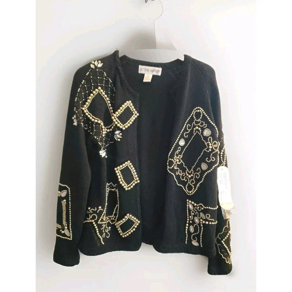 Victoria Harbour Sweaters - Victoria Harbour Cardigan Women's Large Black Gold Bead Embellished Knit NWT